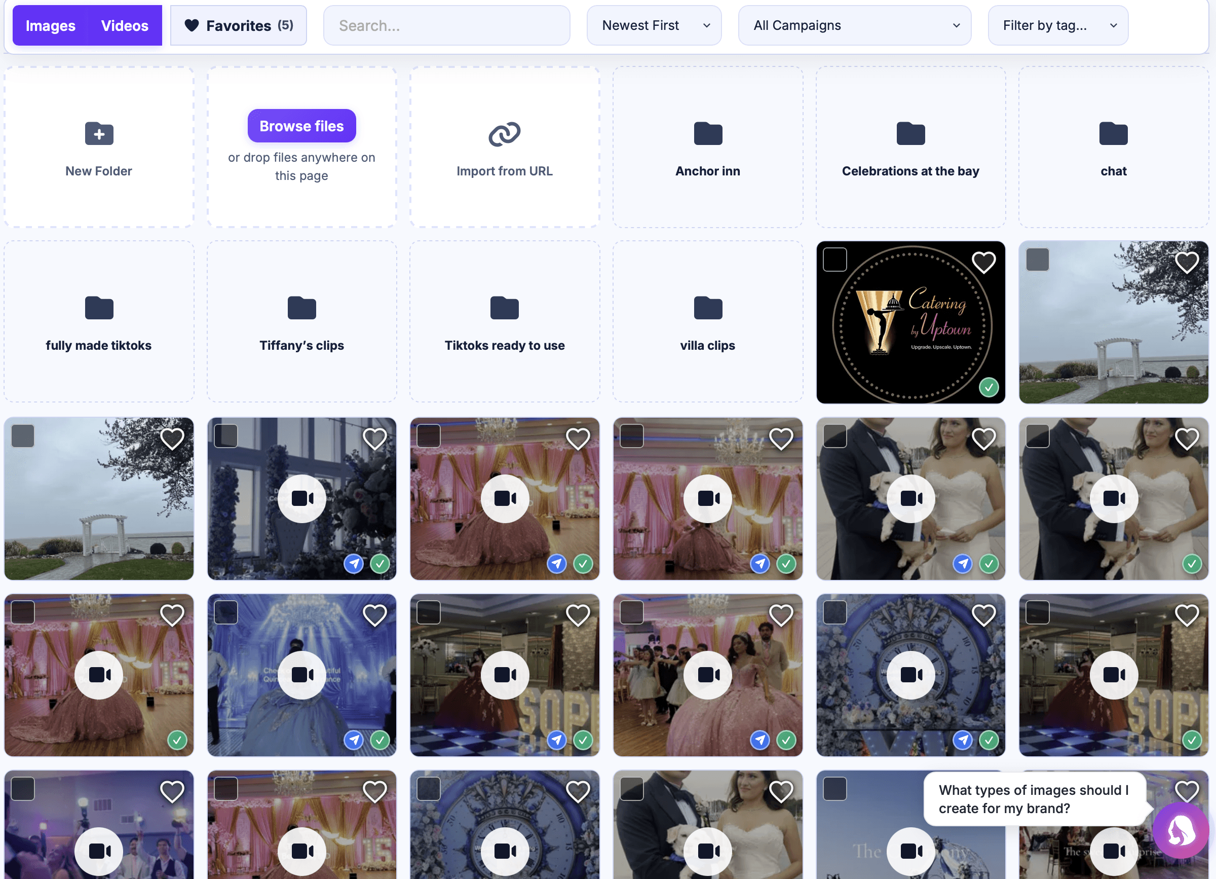 Catering by Uptown's PostJenny asset library with brand folders, event photos and videos, favorites, search, and filters.
