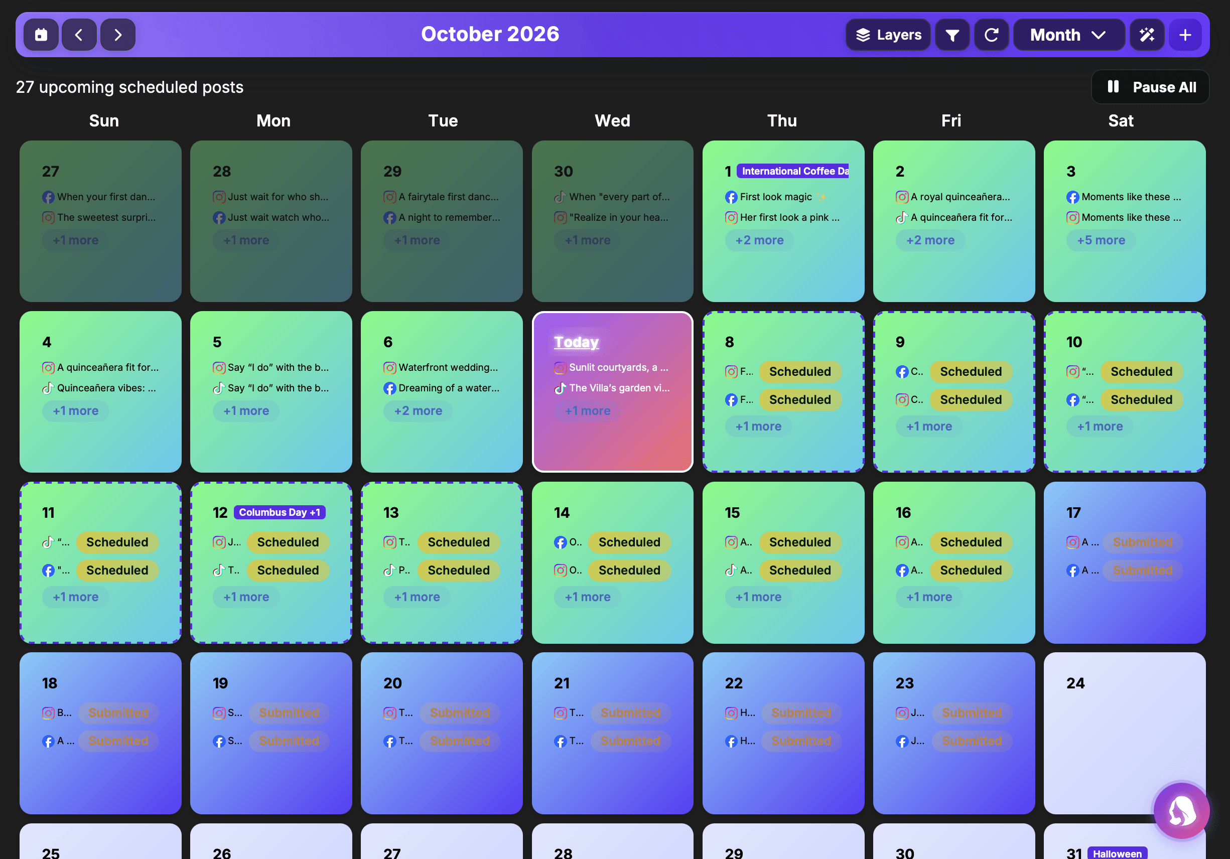 Catering by Uptown's October calendar in PostJenny dark mode showing Facebook, Instagram, and TikTok post history alongside upcoming scheduled and submitted posts.