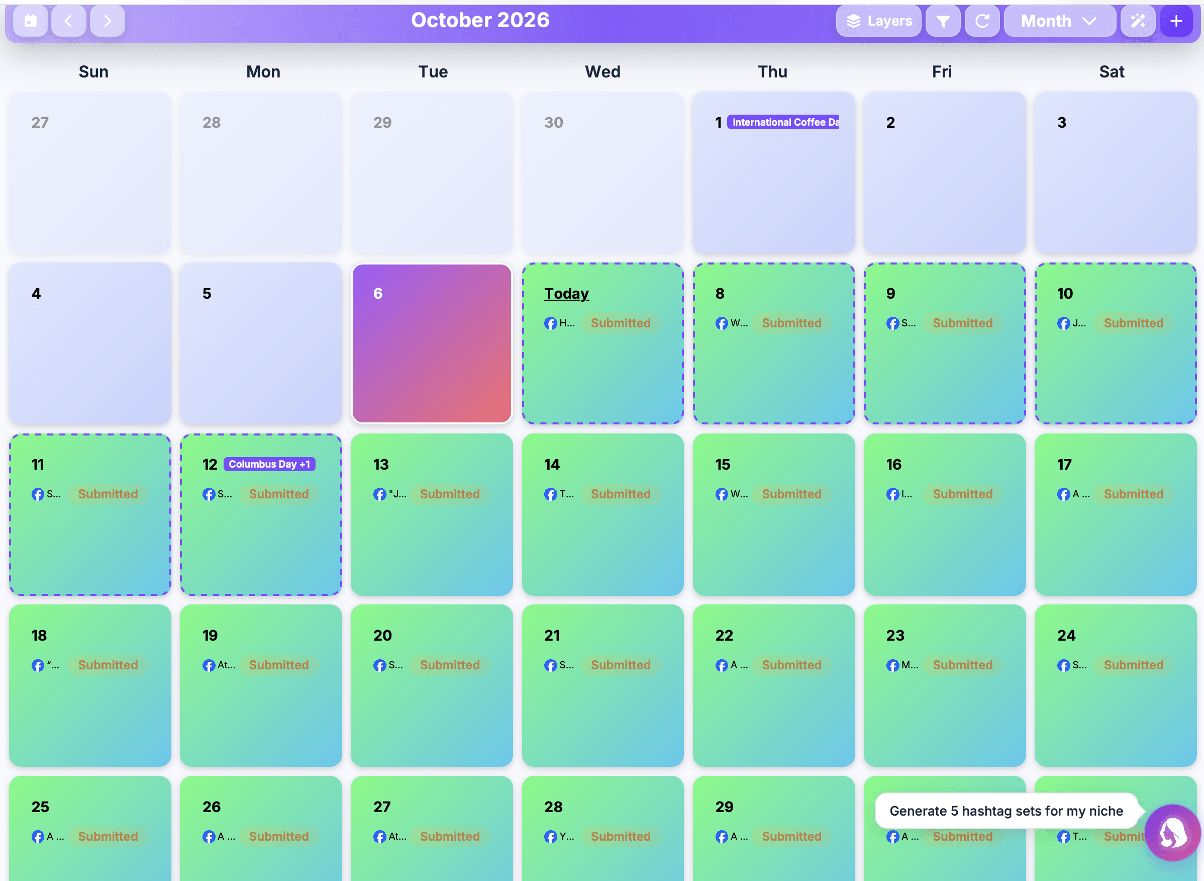 Celebrations at the Bay's October calendar in PostJenny with Facebook posts marked Submitted across the month.