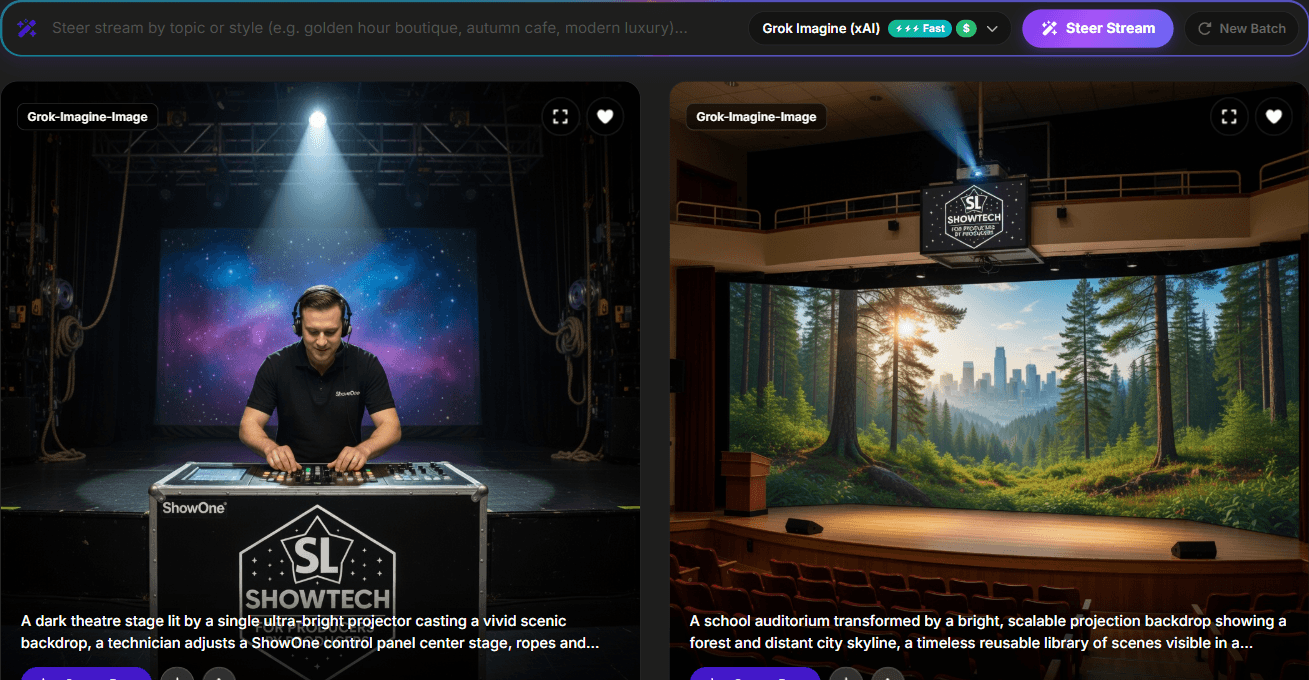 PostJenny Imagine showing AI-generated stage and projection concepts, topic steering, and favorite controls.