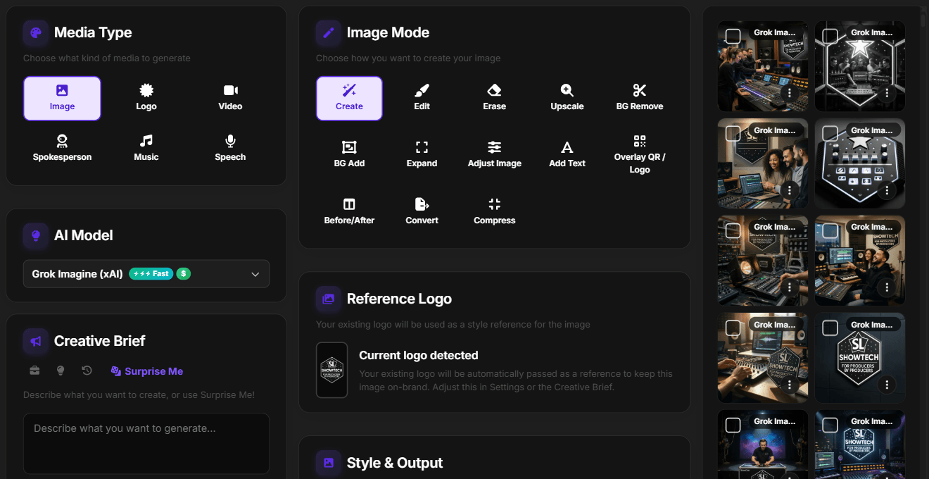 PostJenny Media Studio with AI picture options, a description field, picture editing tools, and results.