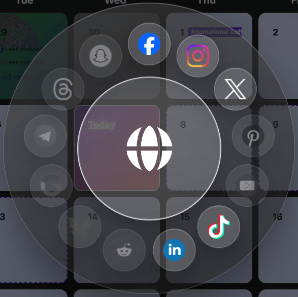 PostJenny platform picker over the calendar with Facebook, Instagram, X, Pinterest, TikTok, LinkedIn, and other social network icons arranged in a ring.