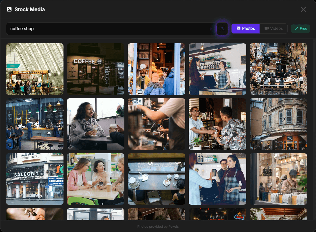 PostJenny Stock Media browser showing coffee-shop photo search results from Pexels.
